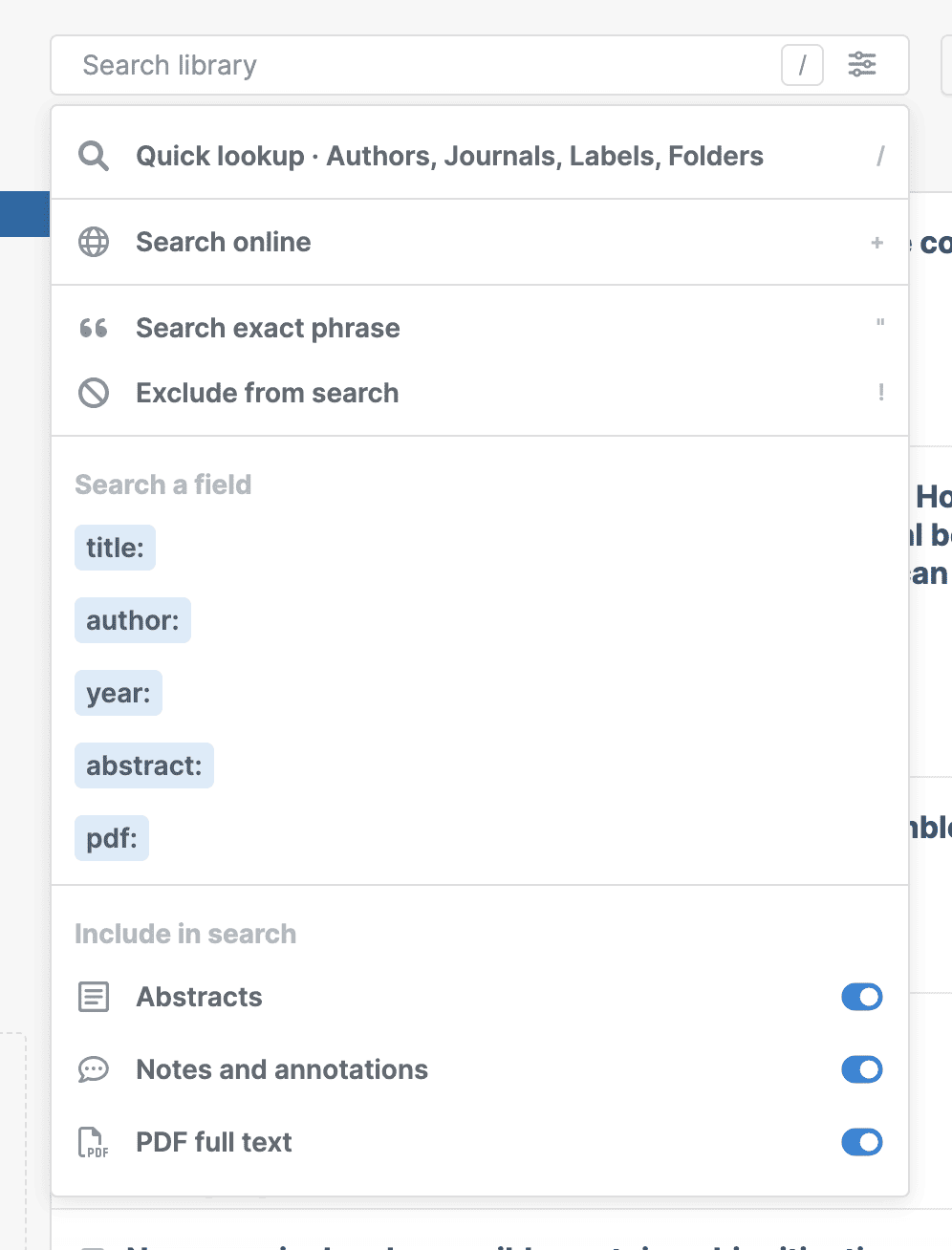 The search box expanded to show Quick lookup, Search online, Search exact phrase and Exclude from search, the field prefixes title:, author:, year:, abstract: and pdf:, and toggles for Abstracts, Notes and annotations and PDF full text.